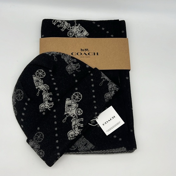 Coach Horse And Carriage Hat And Scarf Set Black/Grey - Picture 1 of 8